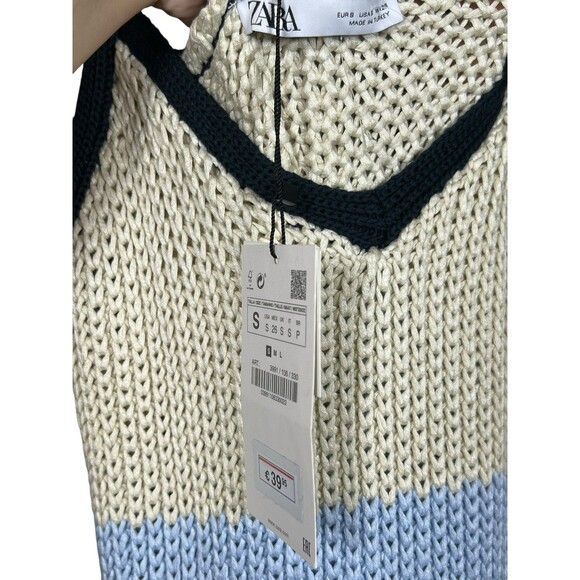 ZARA Crochet Knit Midi Dress S Blue Striped Tie Shoulder Boho Beach Resort NWT - Picture 13 of 15